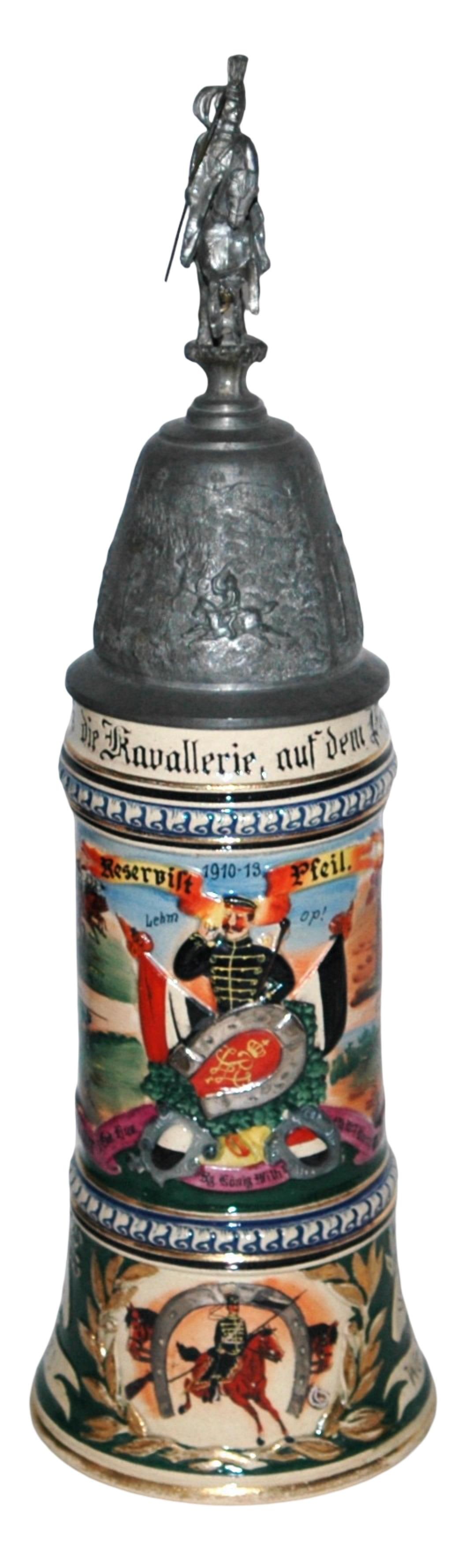 1L Regimental Huss Rh No 7 Stein Horse & Rider Lid: Regimental Stein 1L Pottery. “5 Esk. Hus. Regt. Konig Wilh. 1 Rh. No 7 Bonn 1910-13, Reservist Pfeil.” Four side scenes. Rear roster. Large horse & rider finial. Mint.