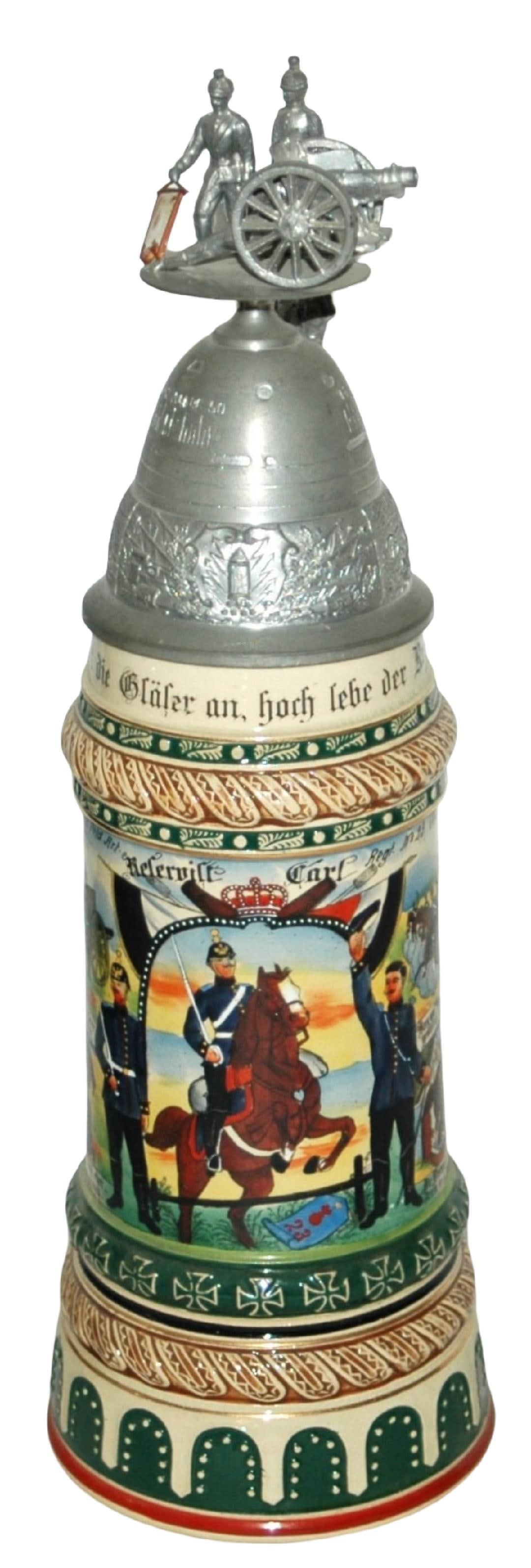 1L Regimental Rheinish Feld Art No 23 Stein: Regimental Stein 1L Pottery. “6 Battr. 2 Rheinisch Feld Art. Regt. No 23 Coblenz1911-15, Reservist Carl.” Four side scenes. Rear roster. Large horse & rider thumblift and crew top cannon