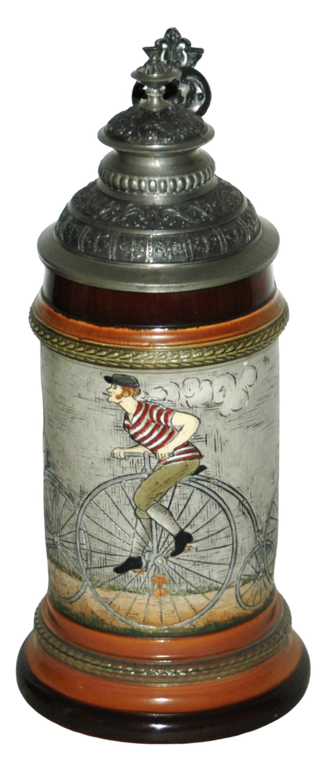 HR Men on High Wheel Bicycles Stein w Fancy Lid: Porcelain HR #166 Etched 1/2L. Men ride high wheel bicycles. Fancy relief pewter lid. Mint.