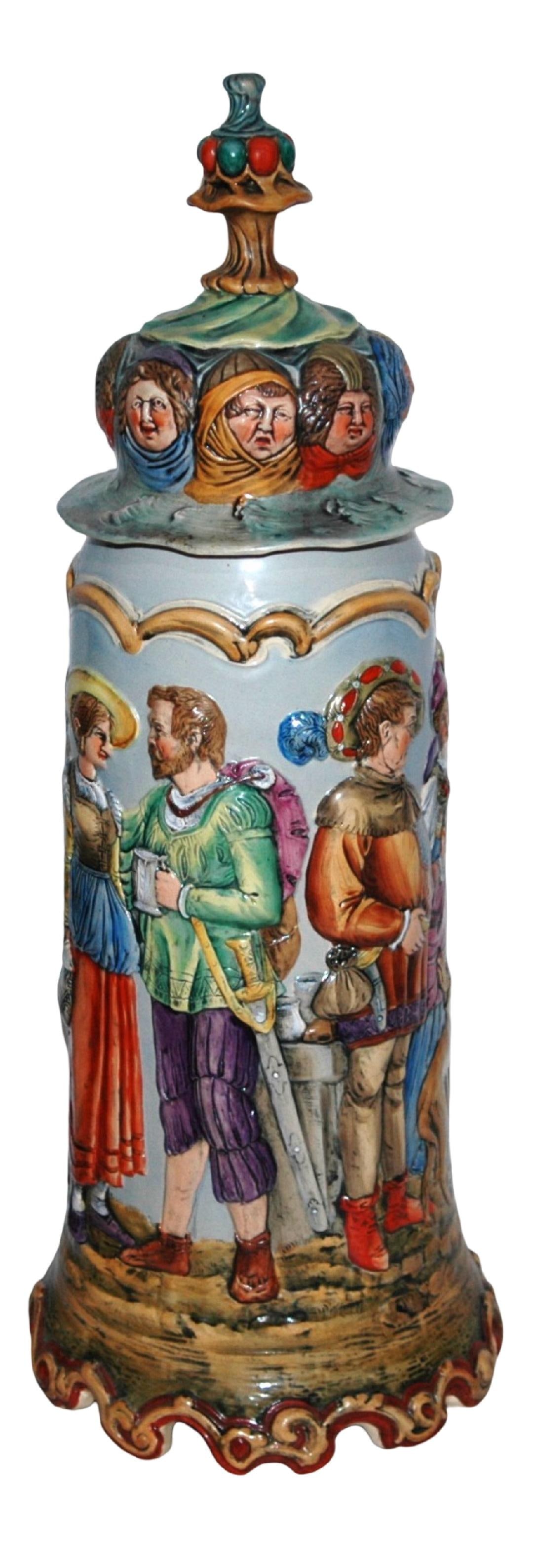 4-1/2L Uncommon D&B Stein Dressy Party Folks: Pottery Dumler & Breiden #700 Relief 4 1/2L Stein. Six large figures celebrating in vintage cloths. Matching set on lid. Uncommon. Mint.