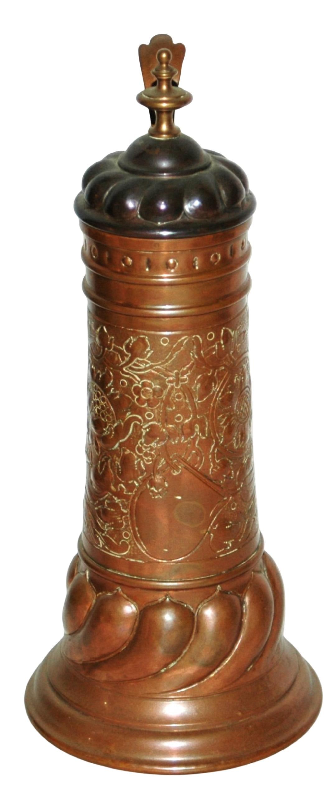 11-1/2" Copper Floral Chased Stein w Finial Lid: Copper 11 ½” Stein. Hand chased floral design. Finial lid.