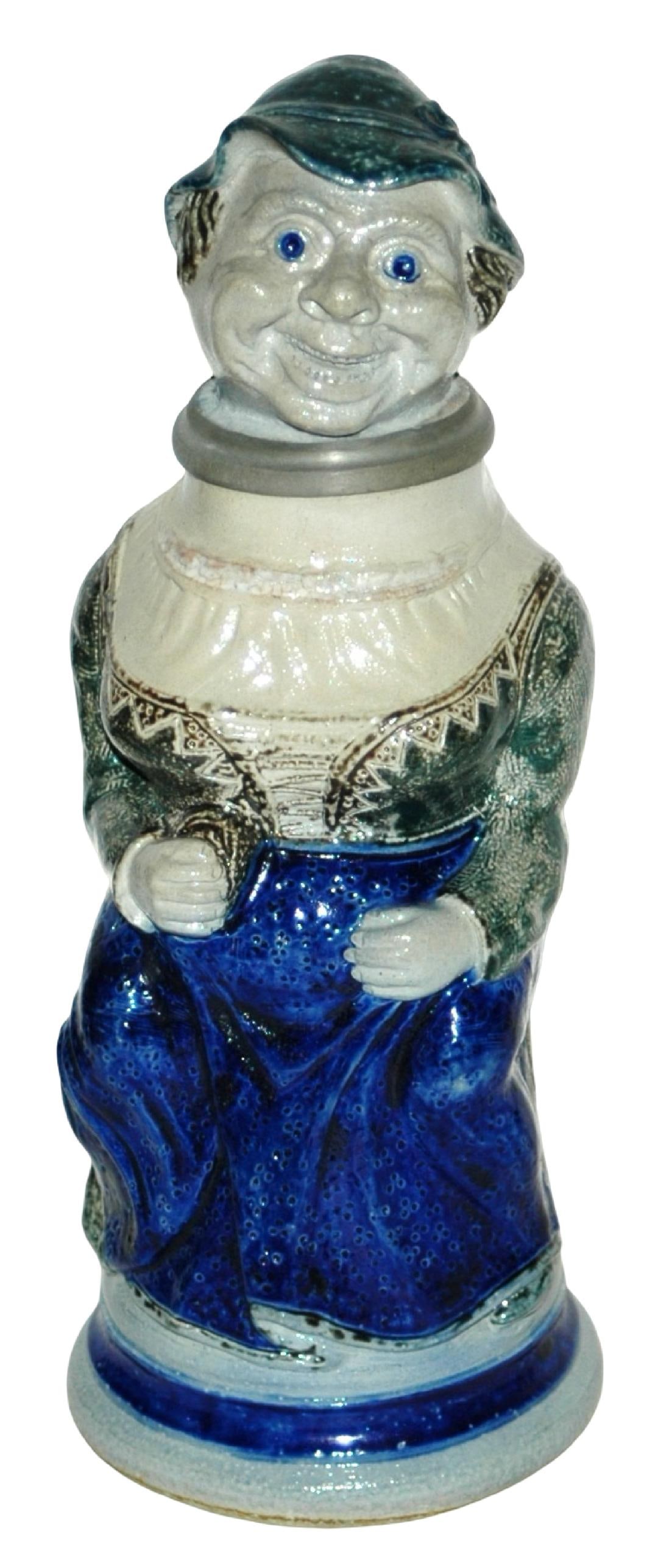 1L Woman Cobalt Green & Black Stoneware Character: Character Stein 1L Stoneware. Woman sits on stump in cobalt, green and black glaze colors. Mint.