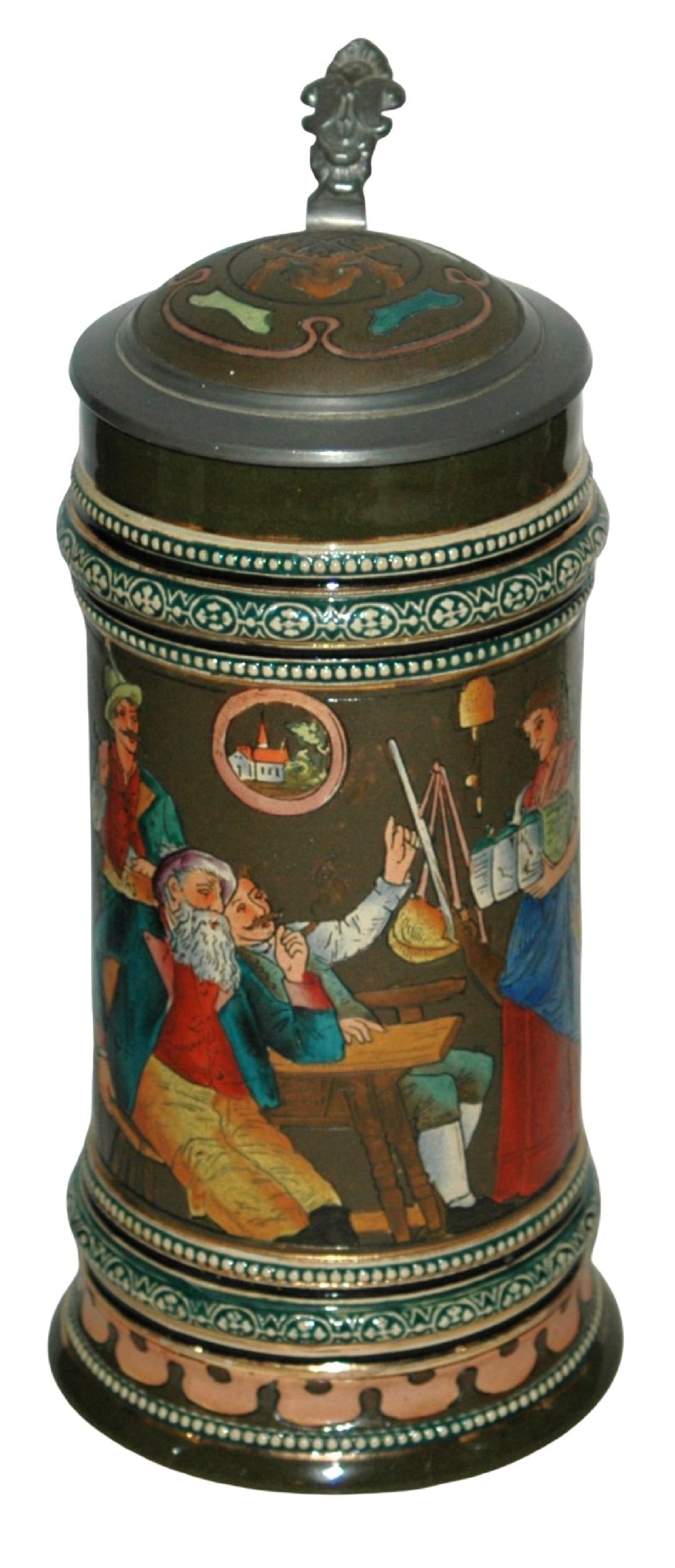 1L Woman w Many Steins for Tavern Drinkers Stein: Pottery Gerz #1318 Etched 1L. Woman holding many steins for tavern drinkers. Inlay lid. Mint.
