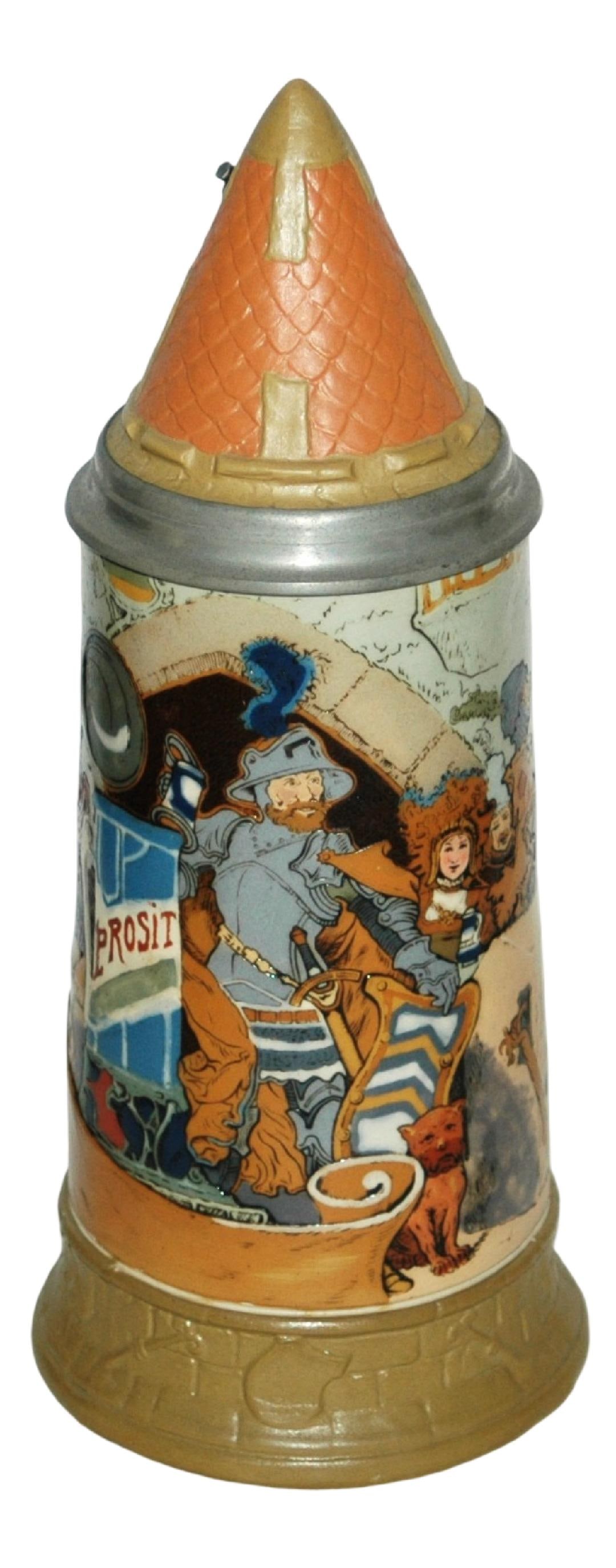 1L Schlitt Knight at Castle Party Stein w Roof Lid: Mettlach #2580 Etched 1L. Schlitt. Knight at castle party. Conical inlay lid. Mint.