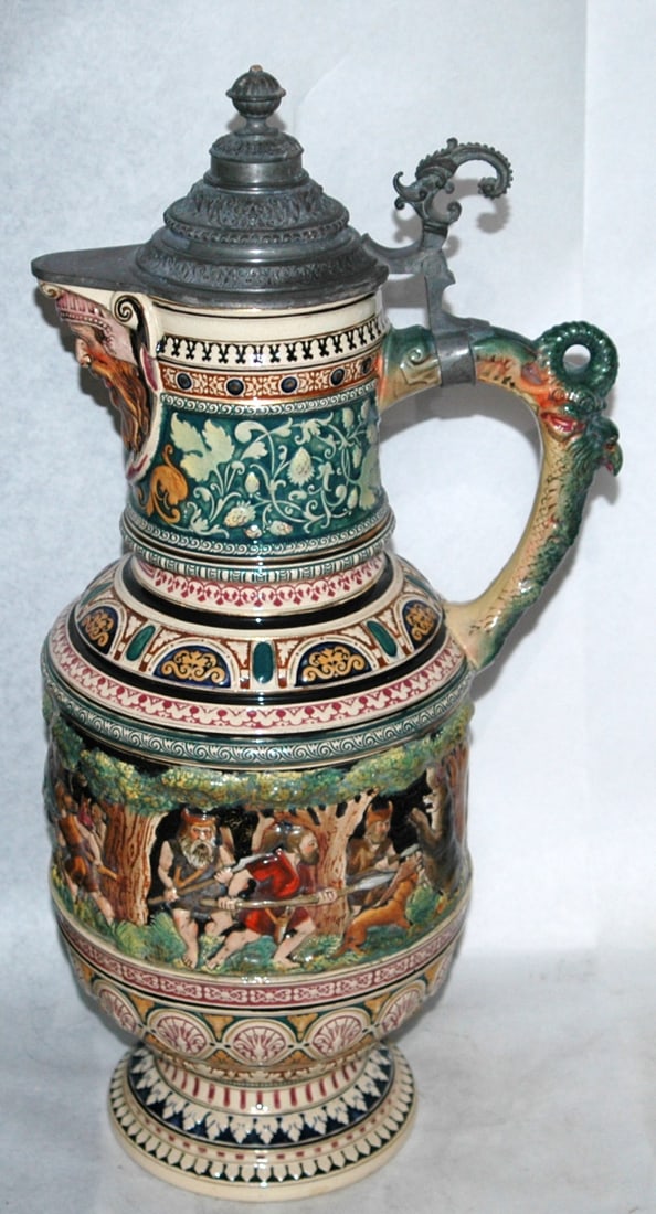 Impressive 5L Hunters Scenes Stein w Snake Handle - 6