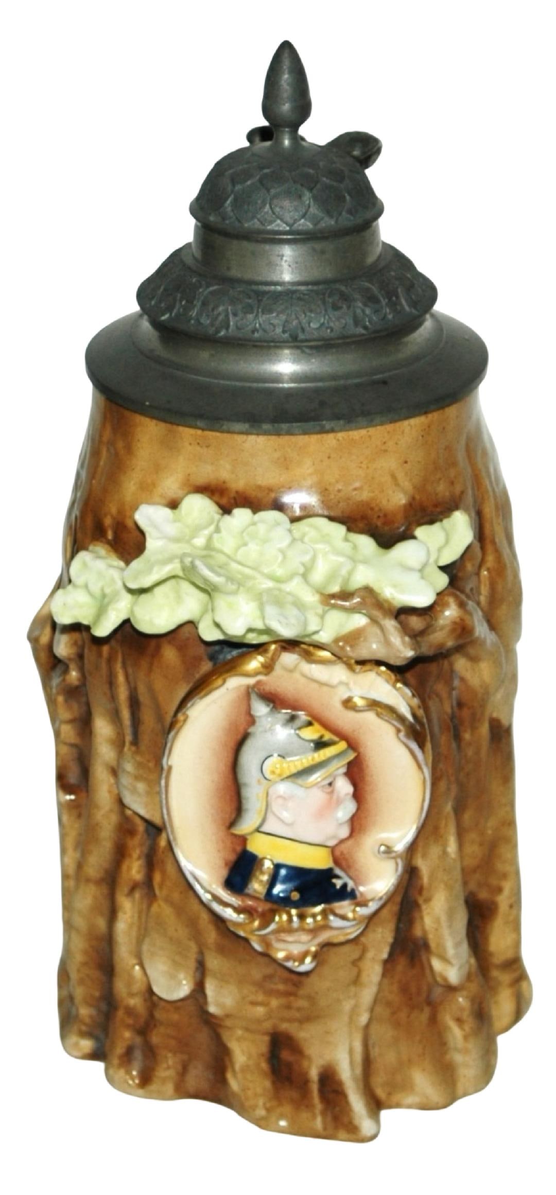 1L Tree Trunk w Inset of Bismark Character Stein: Character Stein 1L Schierholz Porcelain. Tree trunk with relief of Bismarck. Mint.