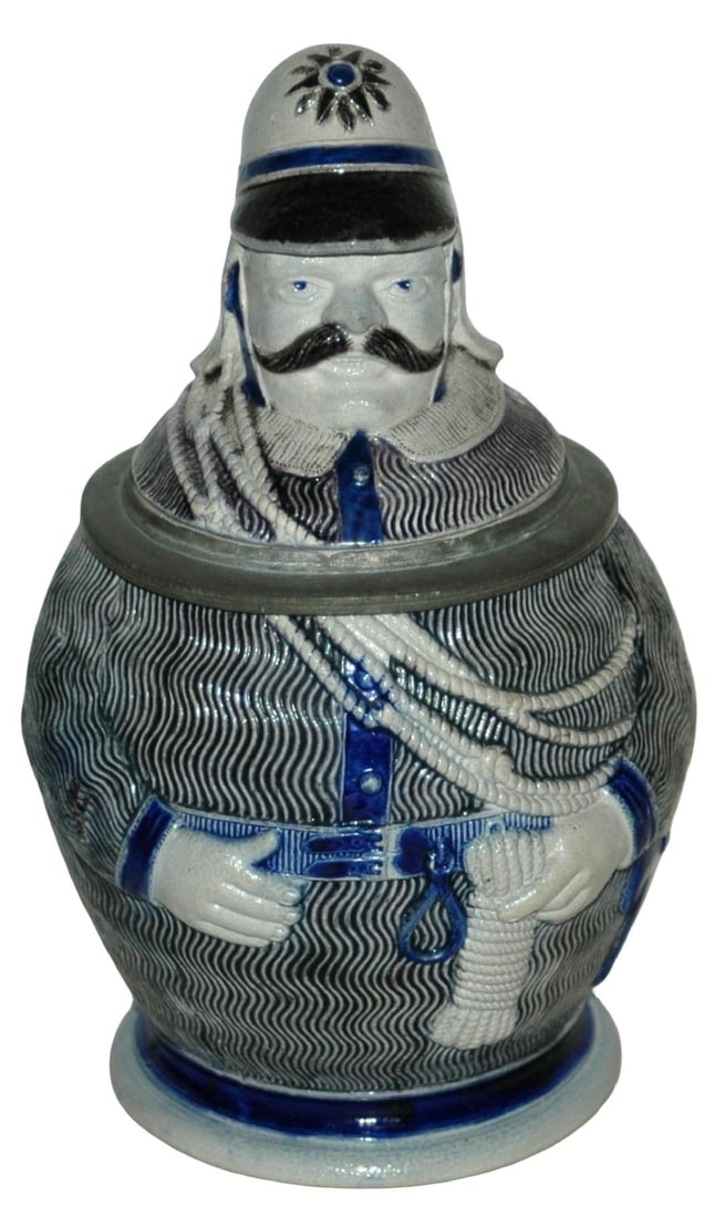 Fireman in Uniform Stoneware Character Stein: Character Stein 1/2L Stoneware #750. Fireman in uniform with ropes. Mint.