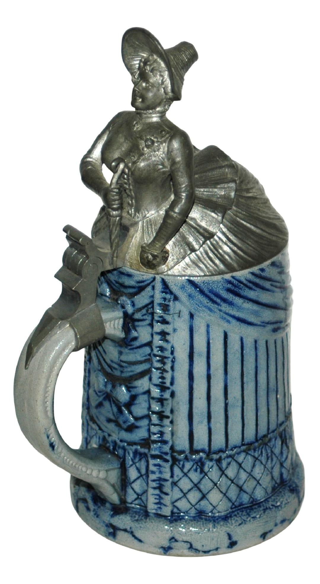 HR Bustle Lady wFigural Pewter Lid Character Stein: Character Stein 1/2L Stoneware HR. Bustle lady with figural pewter lid. Mint.