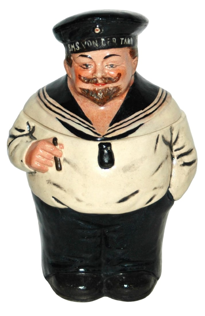 German Sailor SMS Von Der Tann Character Stein: Character Stein 1/2L Pottery Hanke #1821. German sailor with S.M.S. Von Der Tann on his hat.