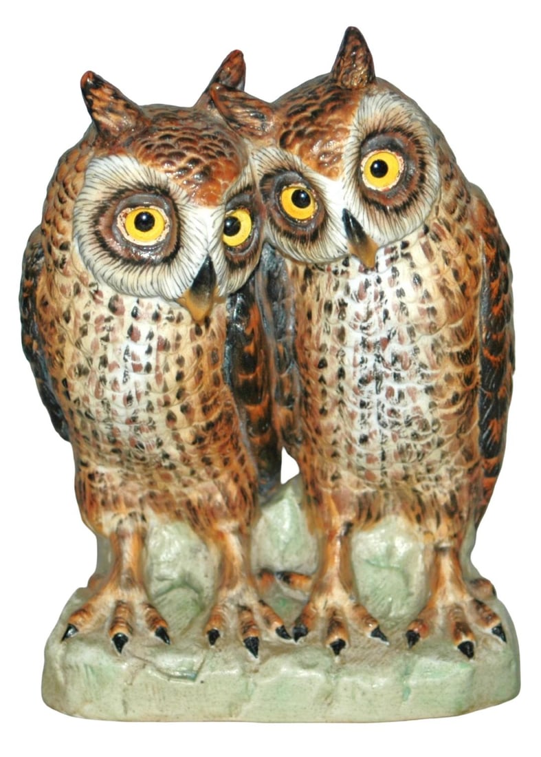 Bohne Owls Figurine w Glass Eyes & Anchor Mark: Bohne Porcelain 7” Figure. Two owls huddle together with glass eyes. Anchor base mark. Mint.