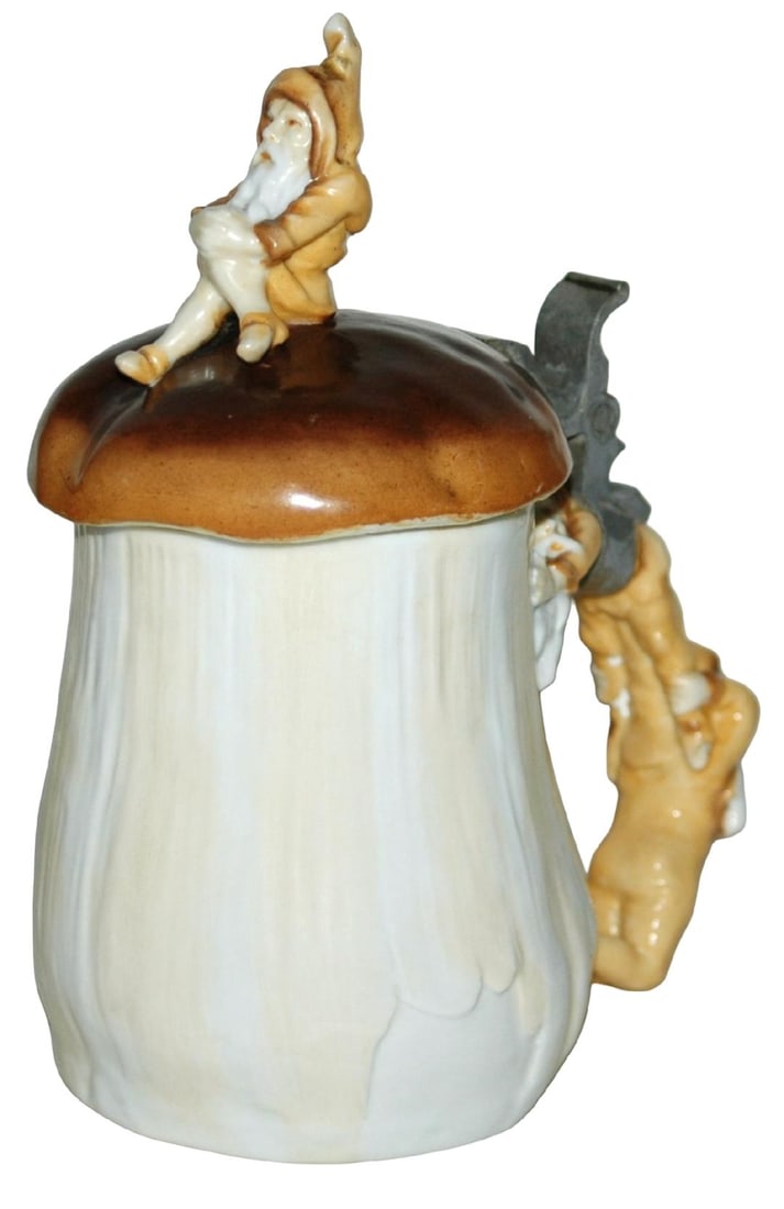Mushroom w Dwarf Handle and on the Lid Stein: Character Stein 1/2L Schierholz Porcelain. Mushroom with climbing dwarf handle and dwarf figural lid. Great litho. Mint.