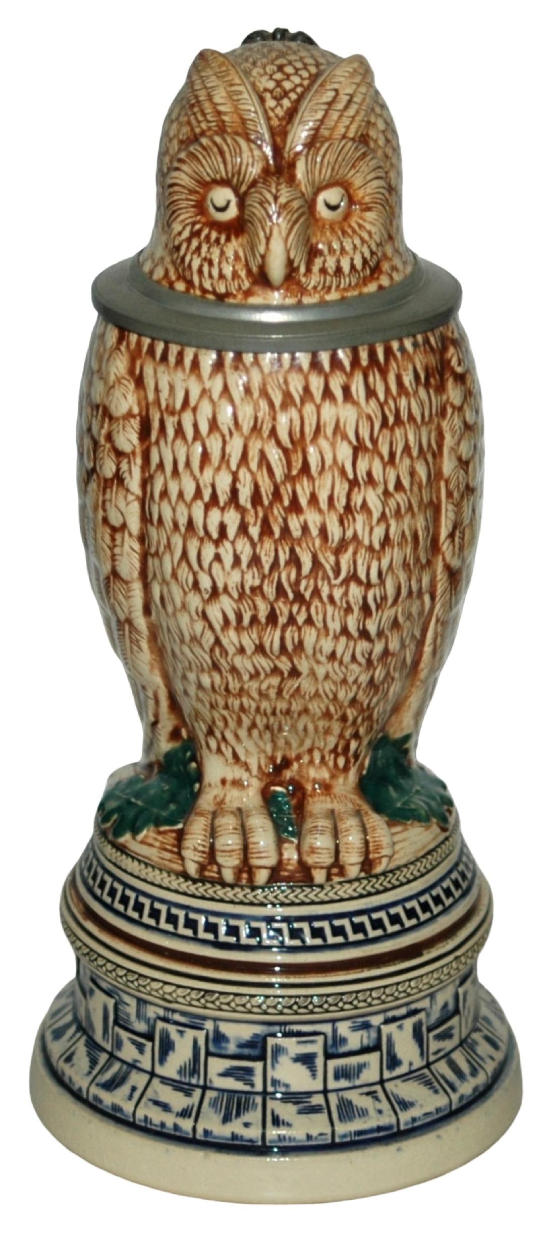Owl on a Working Music Box Character Stein: Character Stein 1/2L 10 1/2” Pottery Merkelbach & Wick. Owl on large working key wound music box base. Mint.