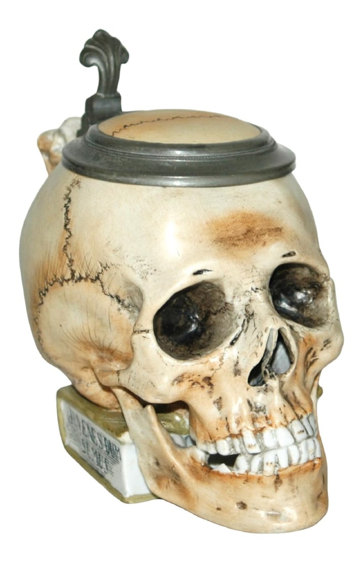 Bohne Skull on a Book w Latin Slogan Stein: Character Stein 1/2L Bohne Porcelain. Skull on a book with Latin slogan. Inlay lid. Mint.
