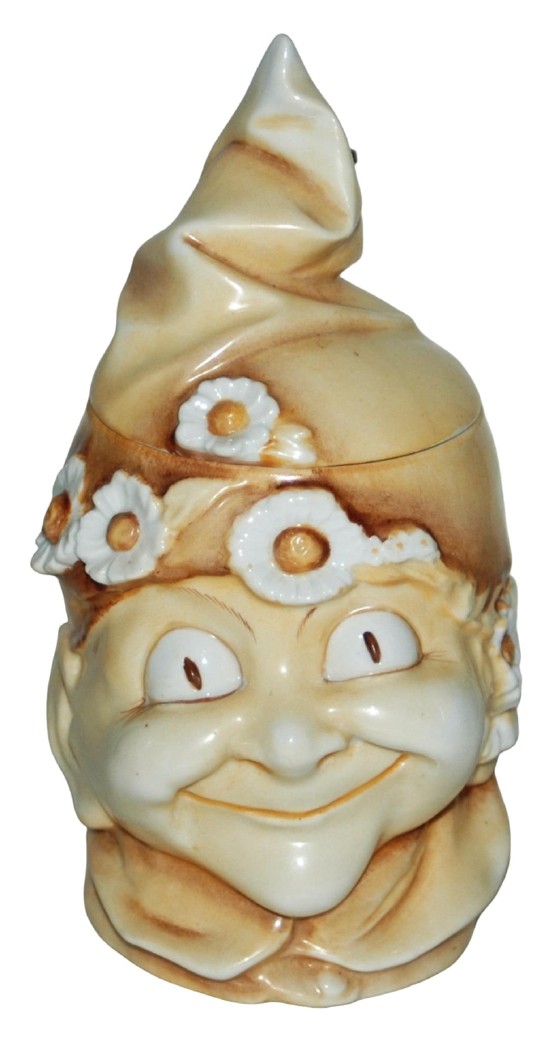 Schierholz Pixie w Flowered Hood Character Stein: Character Stein 1/2L Schierholz Porcelain. Hooded pixie head with flowers. Mint.