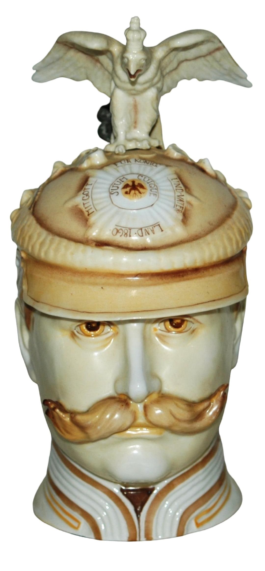 Schierholz Kaiser Wilhelm II w Eagle Helmet Stein: Character Stein 1/2L Schierholz Porcelain. Kaiser Wilhelm II with eagle on helmet. Mint.