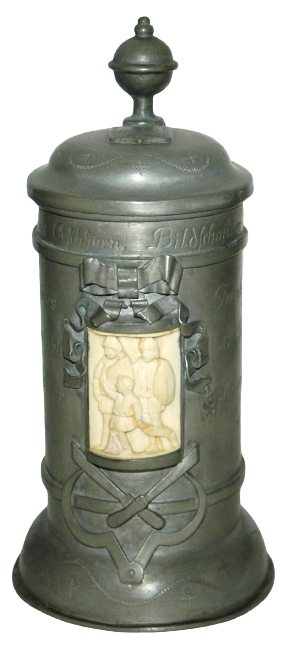 RARE 1L Carved Iv ory insert on 1875 Pewter Stein (1 of 4)