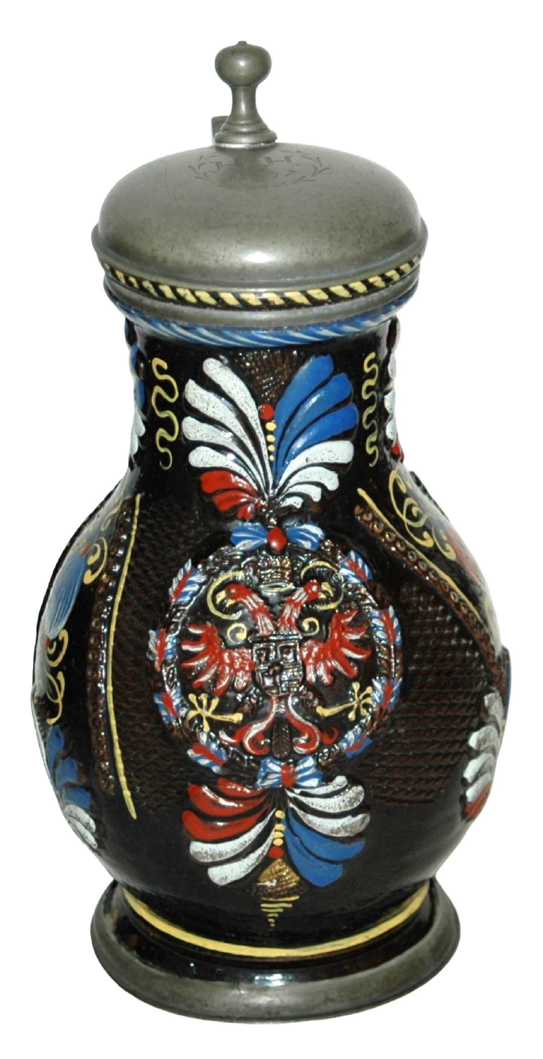 1L Dippoldiswalde 1697 Double Headed Eagle Stein: Stoneware Stein 1L Dippoldiswalde (Anaberg) Factory. Enameled double headed eagle. Lid dated 1697. Very good condition.