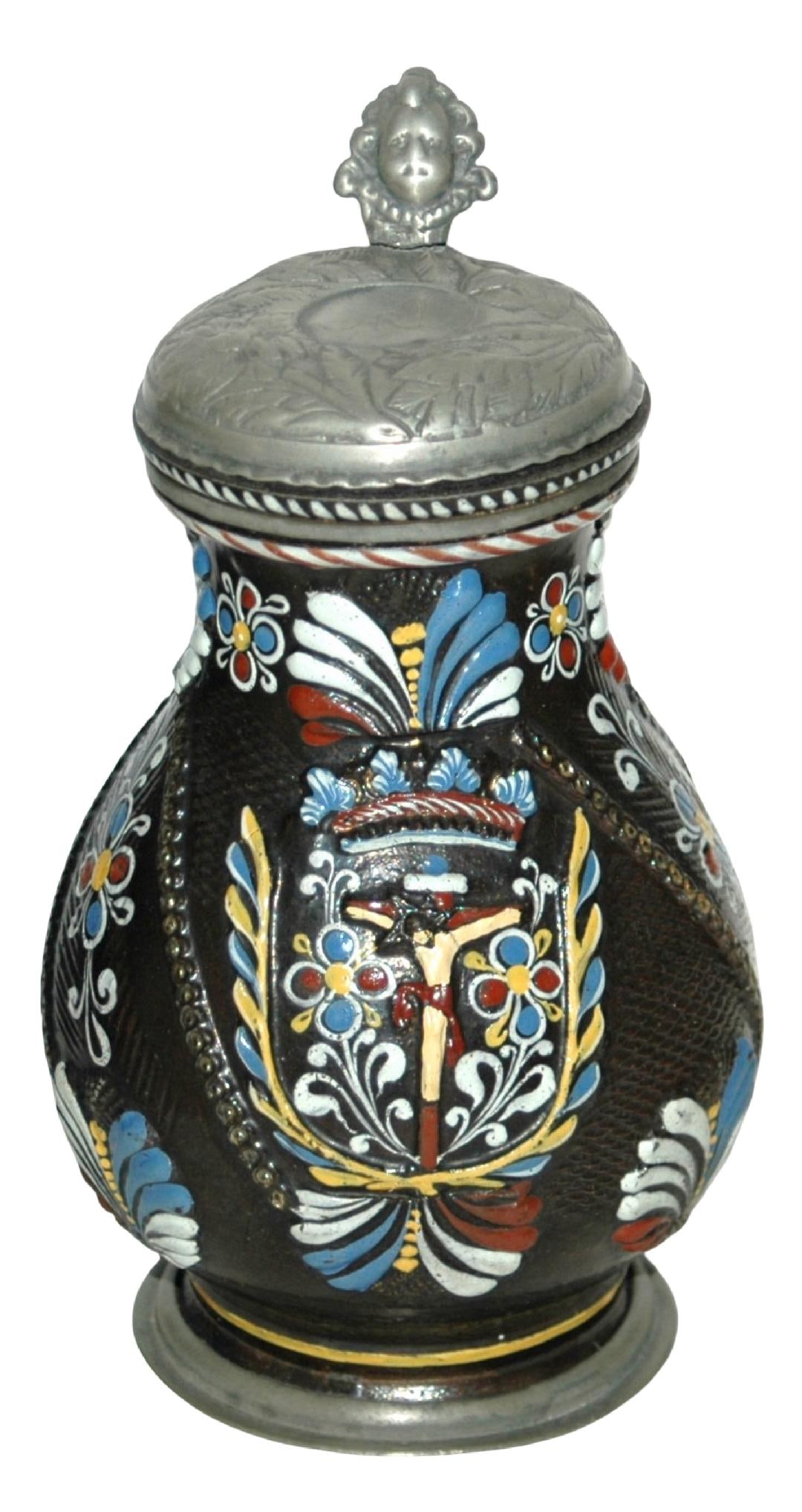 1L Dippoldiswalde Stein Crucifixion Scene c1690: Stoneware Stein 1L Dippoldiswalde (Anaberg) Factory. Enameled crucifixion scene. Samuel Gunther lid. Circa 1690. Very good condition.