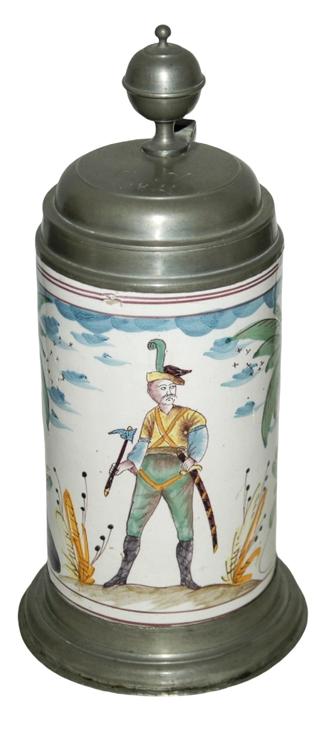 1L Rheinsberg Faience Man w Weapons Stein c1780: Faience Stein 1L Rheinsberg Factory. Man with axe and sword. Lid dated 1811 but circa 1780. Very good condition.