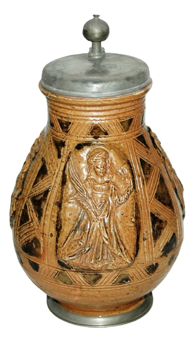 1-1/4L Altenburg Women Panels Stein Lid Dated 1668: Stoneware Stein 1 1/4L Altenburg Factory. Three applied relief panels of women.. Dark Amethyst glaze design. Lid dated 1668. Very good condition.