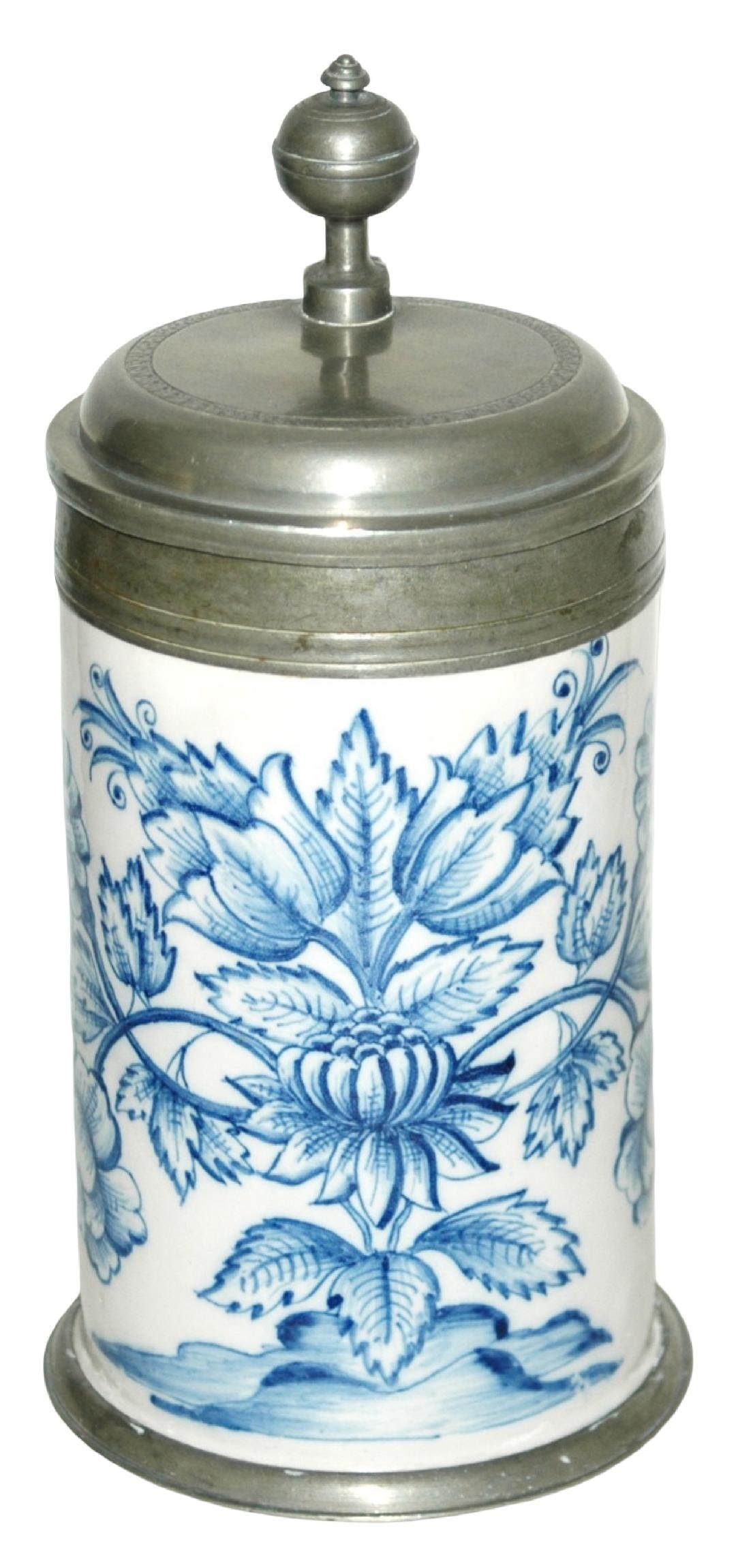 1L Ottingen Schrattenhofen Faience Stein c.1770: Faience Stein 1L Ottingen Schrattenhofen Factory. Blue floral scene wraps around body. Circa 1770. Very good condition.