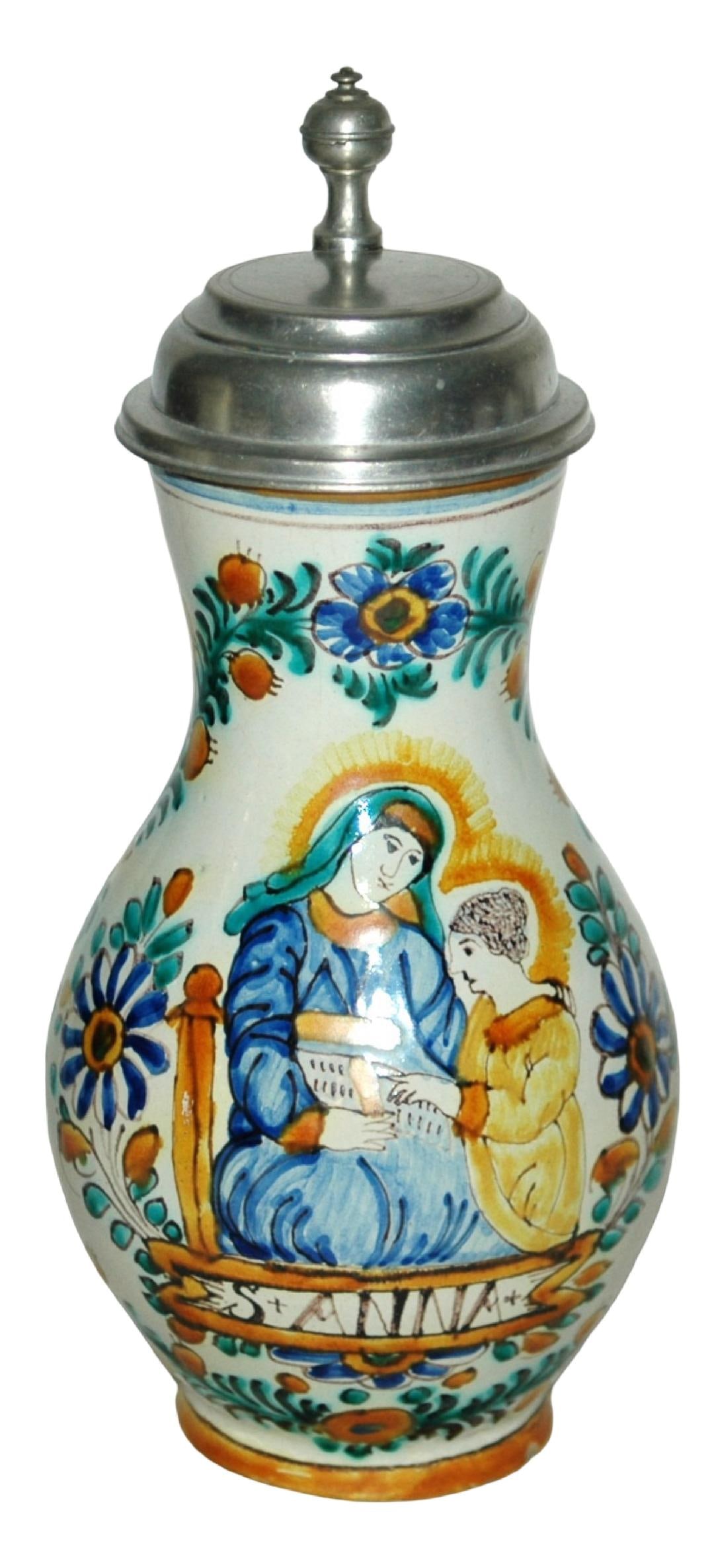 1L Habana Faience Stein c1780 Mary & St Anna: Faience Stein 1L Habana Factory. Young Mary being taught to read by her mother St Anna. Circa 1780.