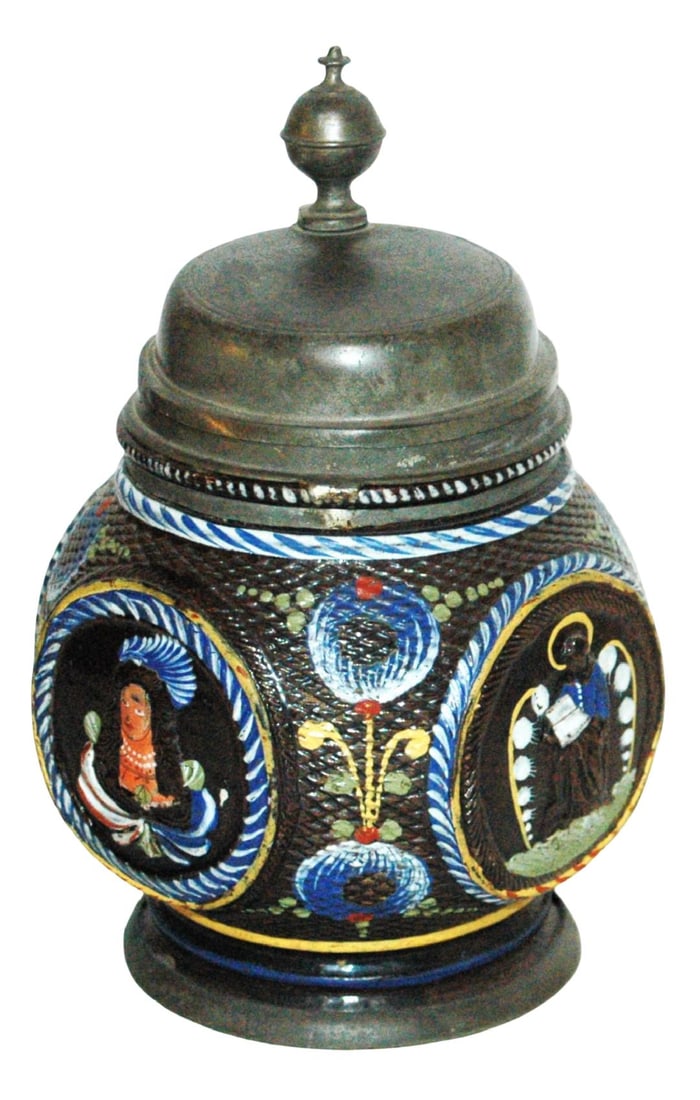 1L Dippoldiswalde Apostiles & Royal Figures Stein: Stoneware Stein 1L Dippoldiswalde (Anaberg) Factory. Four enameled panels of royal figures and Apostles. Very good condition.