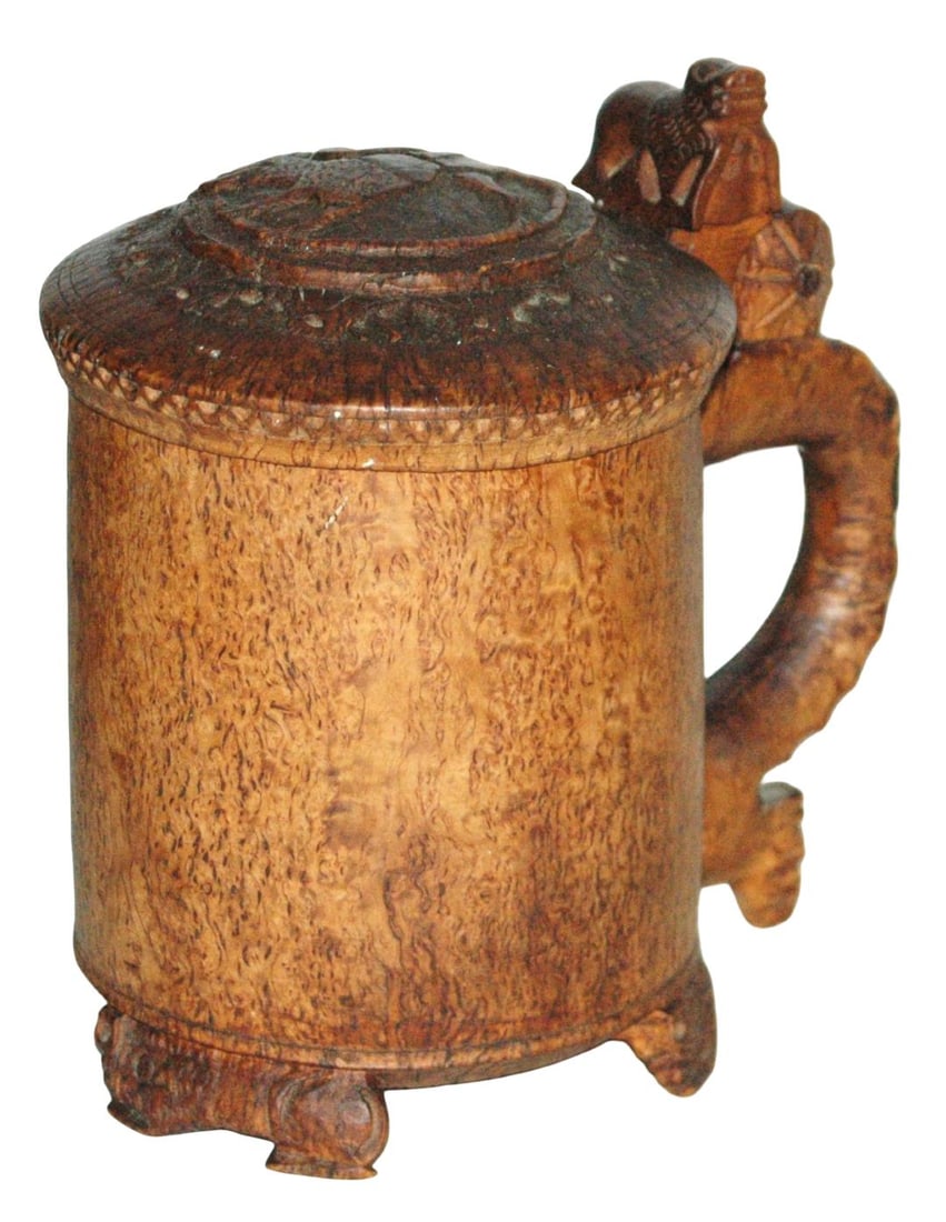 1L Scandinavian Burl Wood Stein c 1700 Lion Lid (1 of 4)