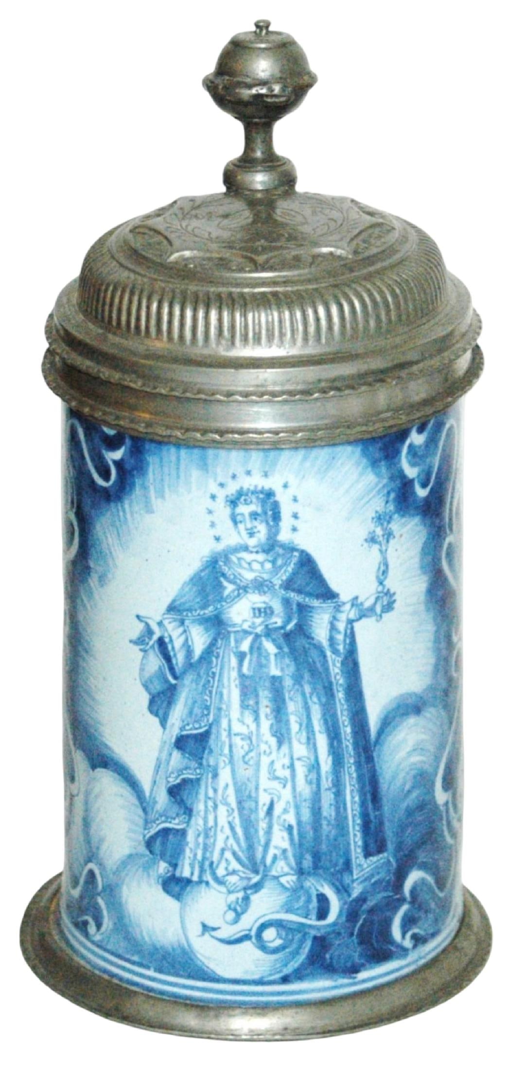 1L Nurnberg Faience Stein w Scene of Mary in Blue: Faience Stein 1L Nurnberg Factory. Scene of Mary in blue colors. Handle repair with fantastic pewter matching mounts.