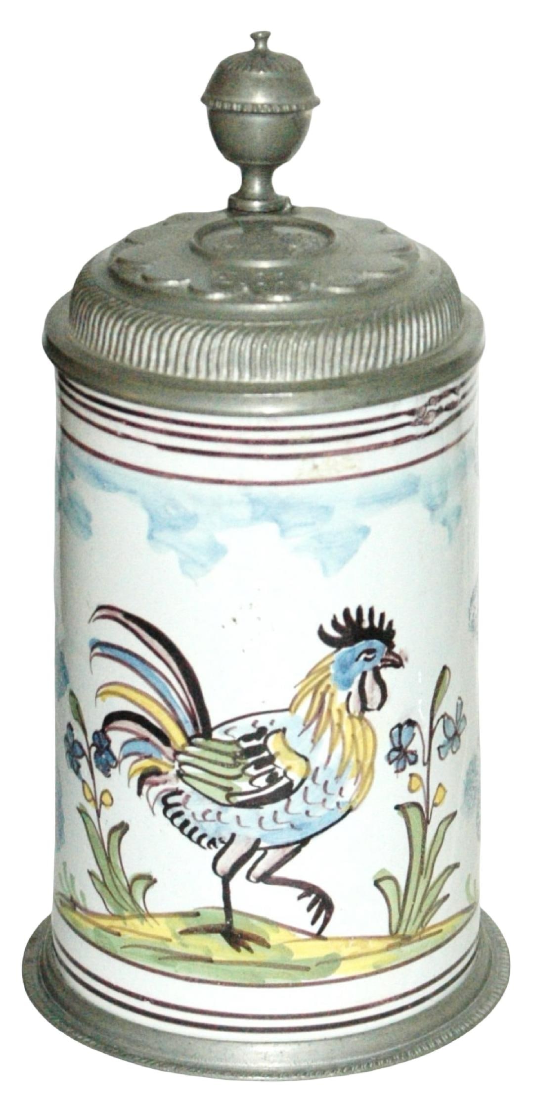 1L Ansbach Faience Rooster Stein c1750 w Medallion: Faience Stein 1L Ansbach Factory. Strutting rooster and floral design. Fancy pewter lid with medallion. Circa 1750. Very good condition.