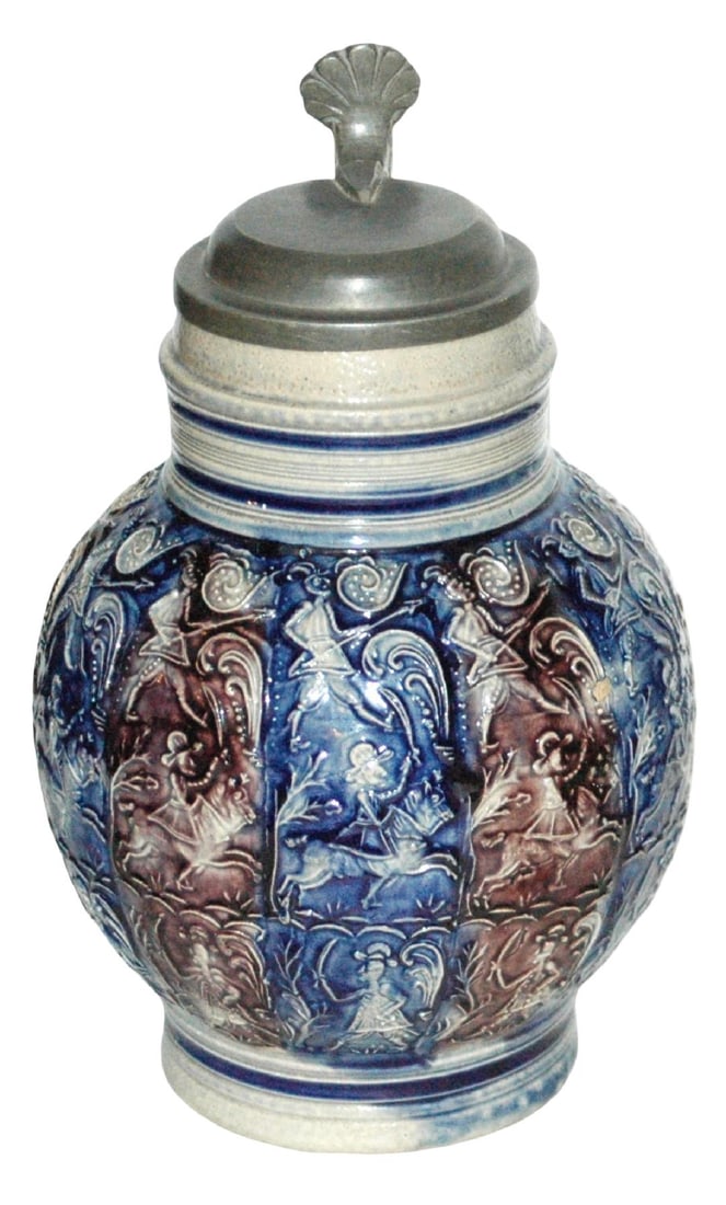 1L Westerwald c1700 Stein w 9 Warriors w Swords: Stoneware Stein 1L Westerwald Factory. Nine applied relief panels of charging warriors with swords. Circa 1700.