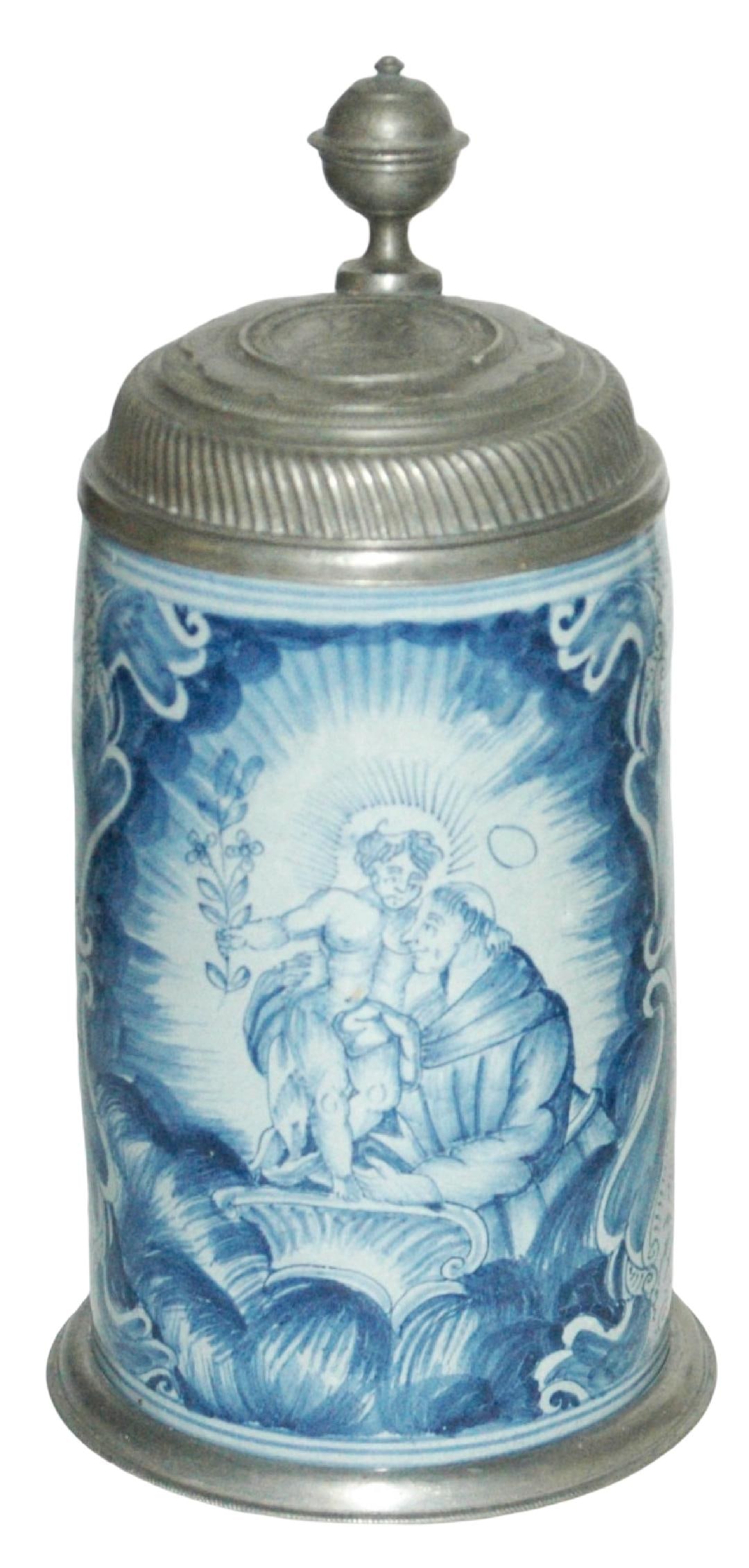 1L Nurnberg Faience Monkw Christ Child Stein c1760: Faience Stein 1L Nurnberg Factory. Monk holds Christ child in blue on blue coloring. Circa 1760.