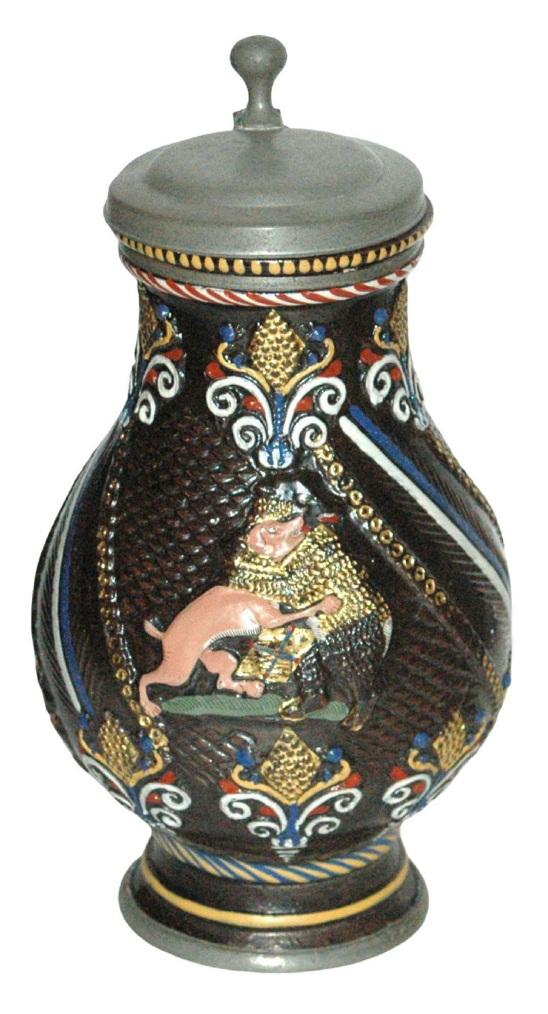 1L Dippoldswalde Bear & Dog Late17th Century Stein: Stoneware Stein 1L Dippoldiswalde (Anaberg) Factory. Bear and dog fight. Chipped carved and enameled. Circa late 17th century. Very good condition.