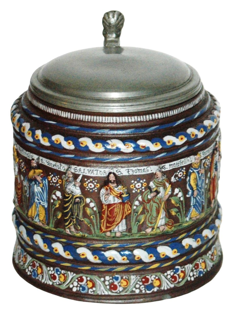 1-1/2L Creussen enameled Apostles Stein Dated 1673: Stoneware Stein 1 1/2L Creussen Factory. The twelve Apostles applied relief and enameled. Dated 1673. Very good condition.