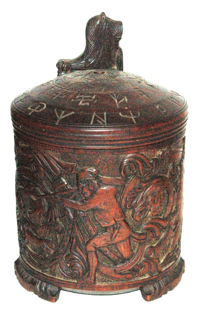 2L Scandinavian Wood Stein c1700 Bear Hunters: Scandinavian Carved Wood 2L Stein. Detailed carved scene of hunters one fights bear while other shoots at one. Lid has symbols of Runic Lunar Calendar. Circa 1700. Very good condition.