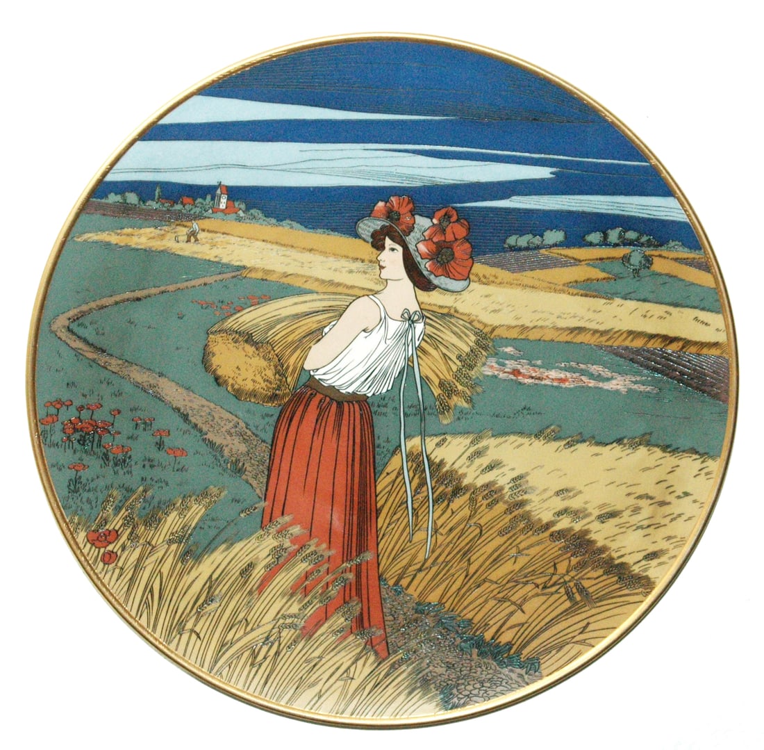 Mettlach Summer Plaque Woman Gathers Wheat: Mettlach #2899 Etched 17” Plaque. Summer. Woman gathers wheat. Mint.