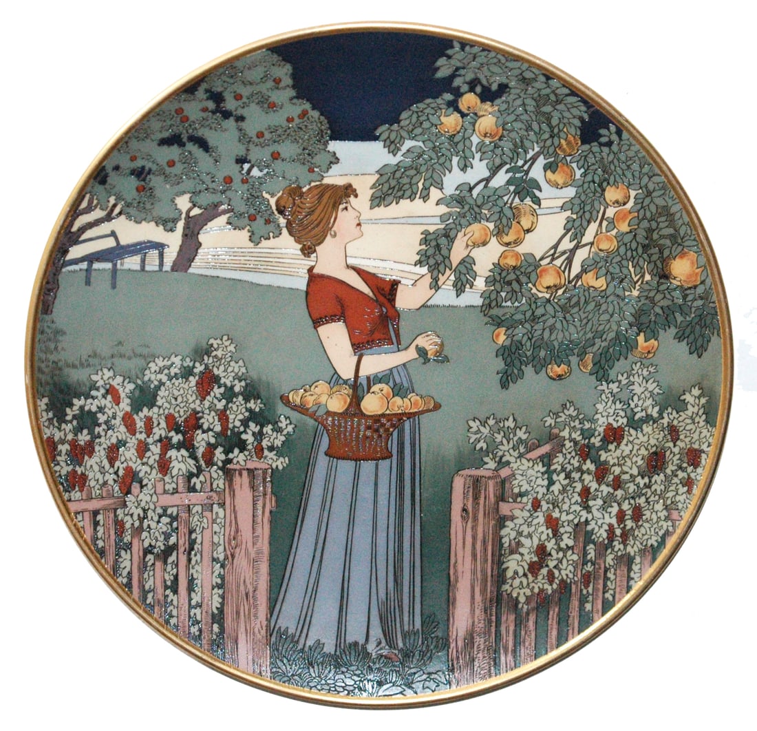 Mettlach Fall Plaque Woman Picks Apples: Mettlach #2997 Etched 17” Plaque. Fall. Woman picks apples from tree. Mint.