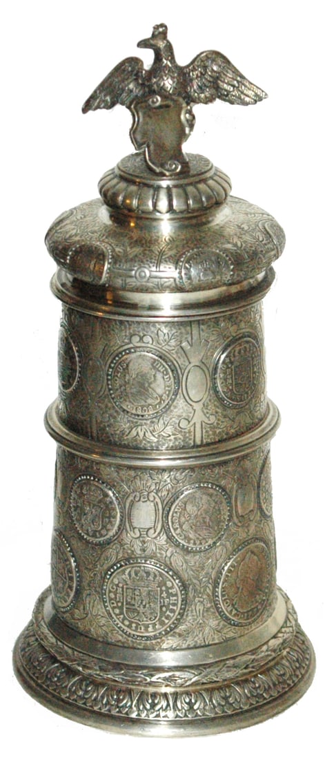 Silverplate Stein w 24 Coin Impression Eagle Lid (1 of 6)