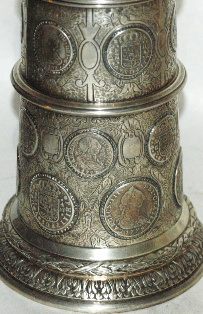 Silverplate Stein w 24 Coin Impression Eagle Lid - 2