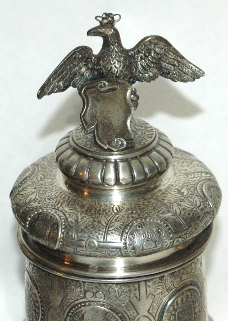 Silverplate Stein w 24 Coin Impression Eagle Lid - 3