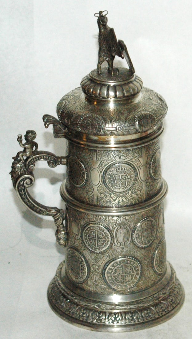 Silverplate Stein w 24 Coin Impression Eagle Lid - 4