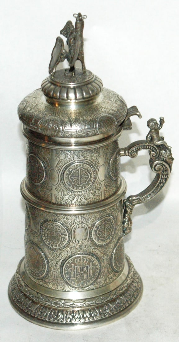 Silverplate Stein w 24 Coin Impression Eagle Lid - 5