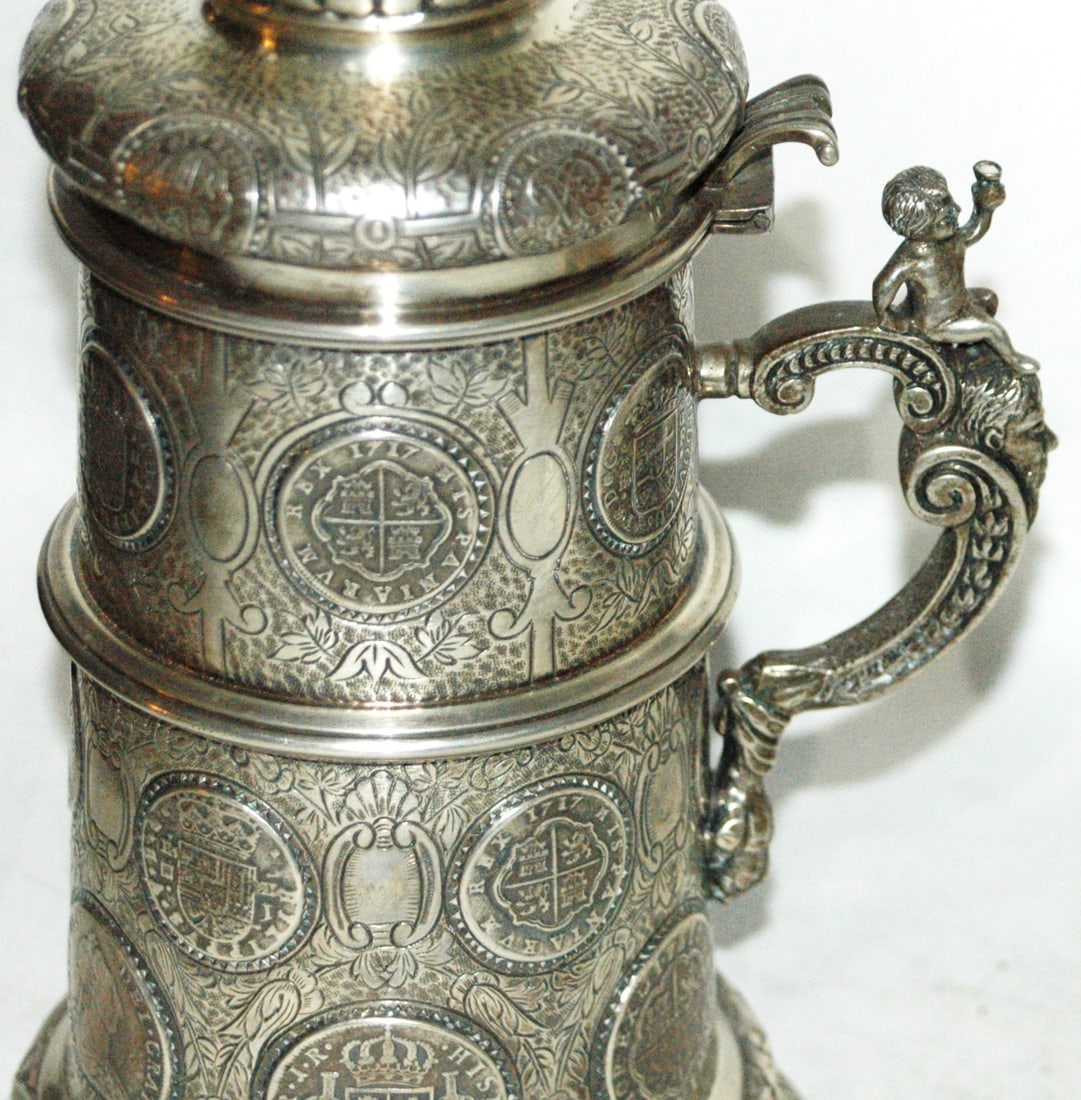 Silverplate Stein w 24 Coin Impression Eagle Lid - 6