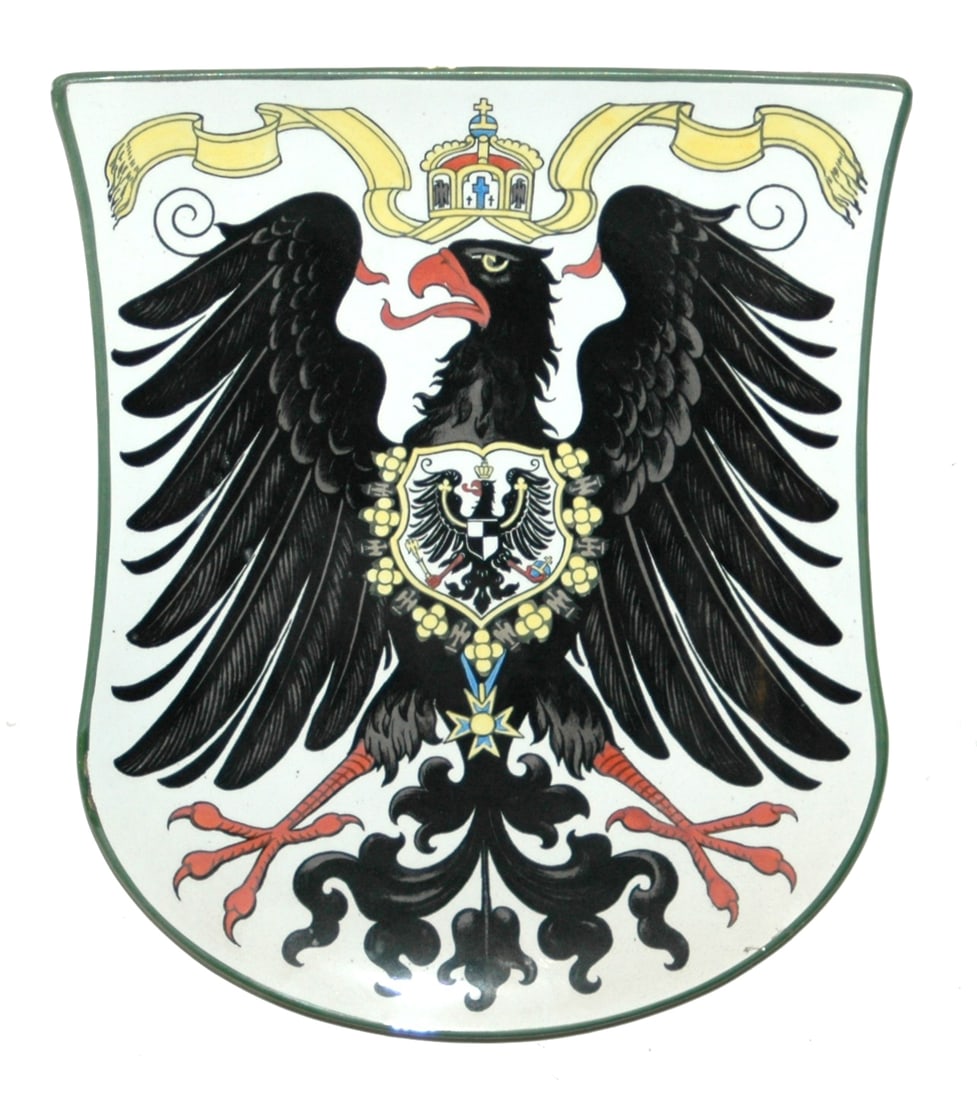 Mettlach Shield Plaque Imperial Eagle: Mettlach #1290 PUG Shield Plaque. Imperial eagle. Mint.