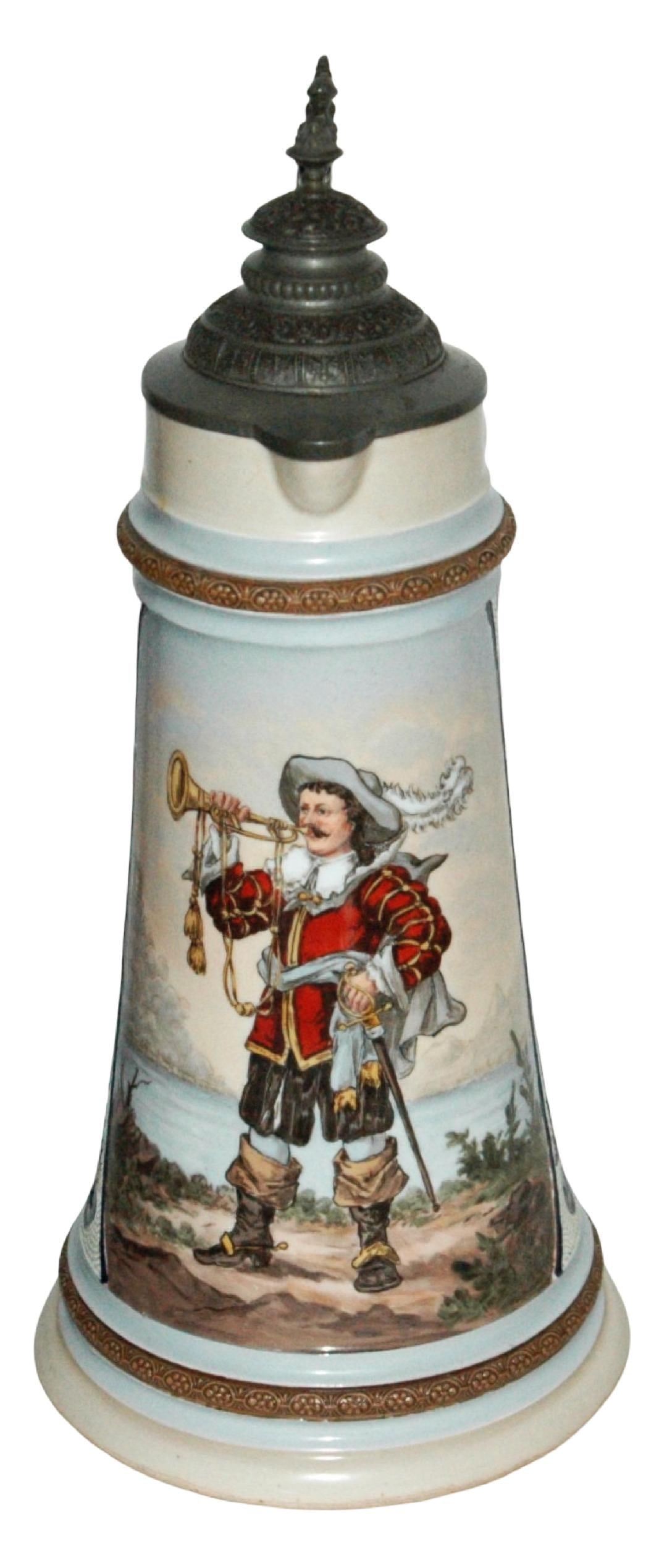 3L HR Trumpeter Landsknecht Hand Painte Stein: Porcelain HR #255 Hand Painted 3L. Trumpeter landsknecht blows horn. Fancy relief pewter lid. Mint.