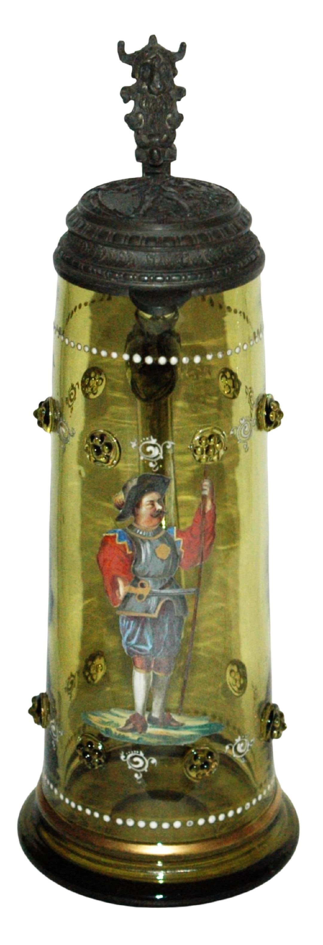 2L Landsknecht Glass Stein w Prunts & Fancy Lid: Blown Green Glass 2L. Enameled landsknecht with upper and lower body prunts. Fancy relief landsknecht pewter lid. Mint.
