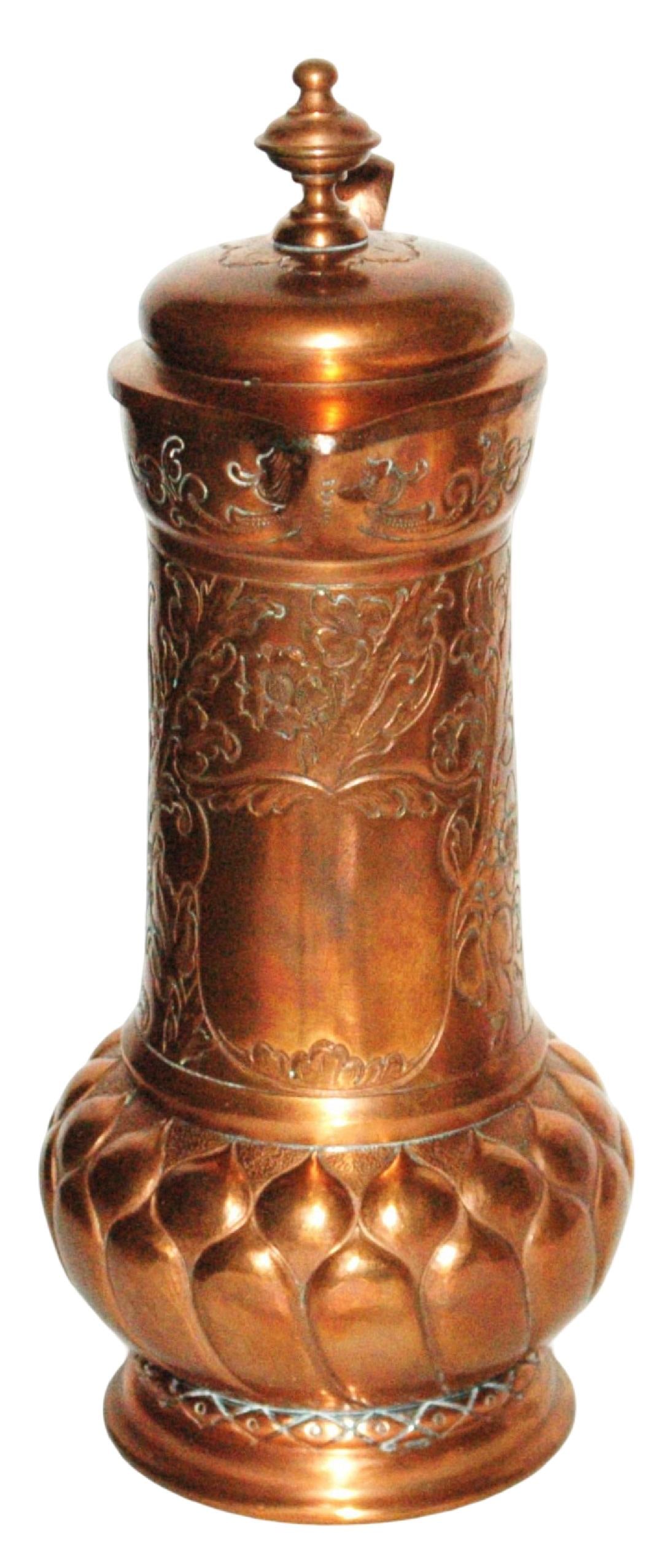2L Copper Shield & Floral Hand Chased Stein: Copper Hand Chased 2L. Shield and floral design. Finial lid. Normal wear.