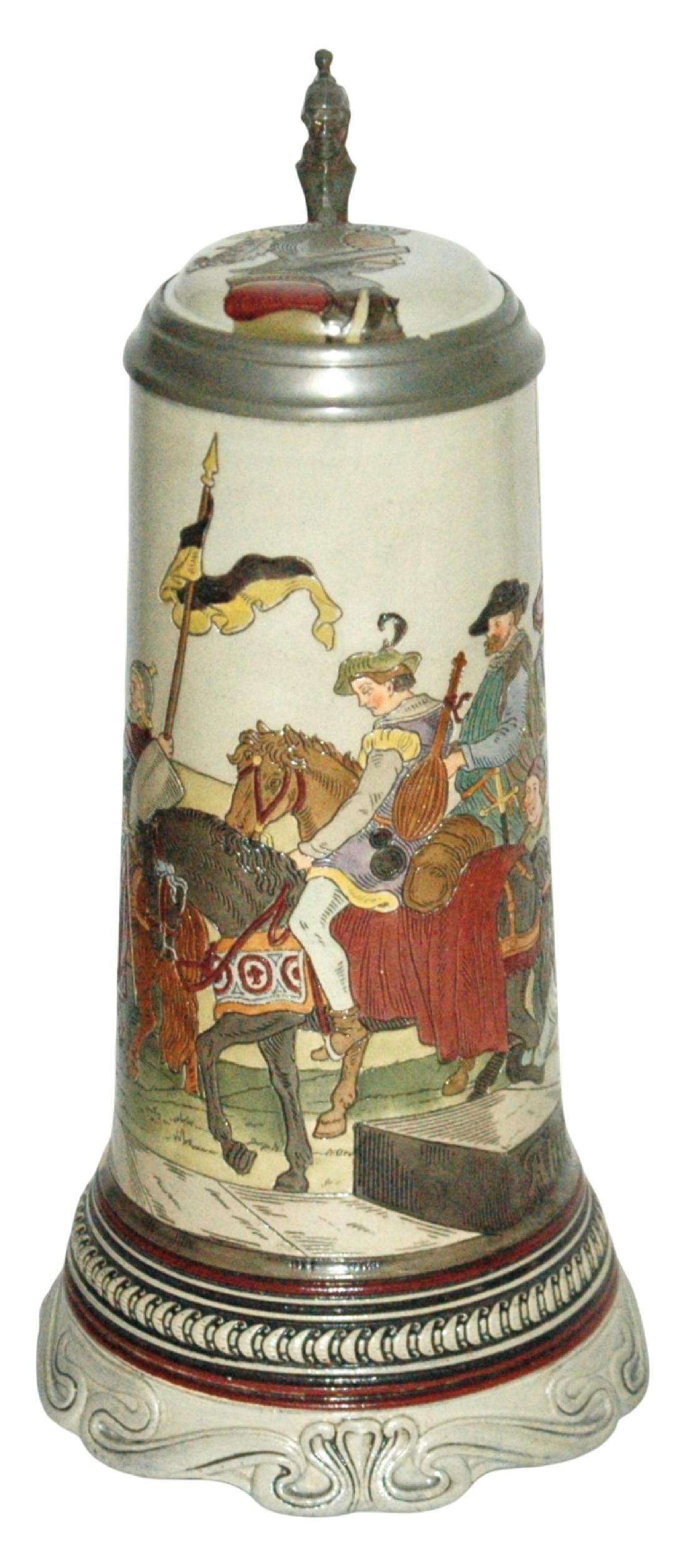 1L Knight & Men on Horses Stein w Music Box Base: Pottery Marzi & Remy #1620 Etched 1L. Knight and men on horseback. Inlay lid. Large music box base. Mint.