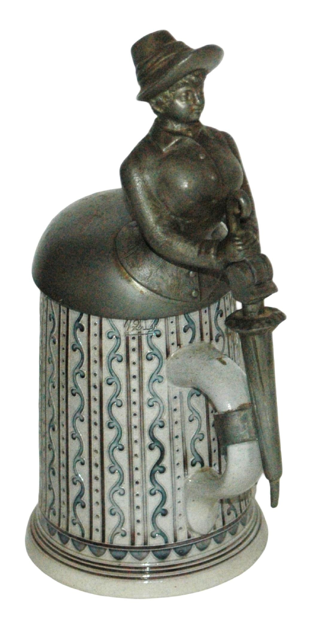 Bustle Lady Figural Woman Lid Character Stein: Character Stein 1/2L Merkelbach & Wick Stoneware. Bustle lady. Figural pewter woman lid. Mint.