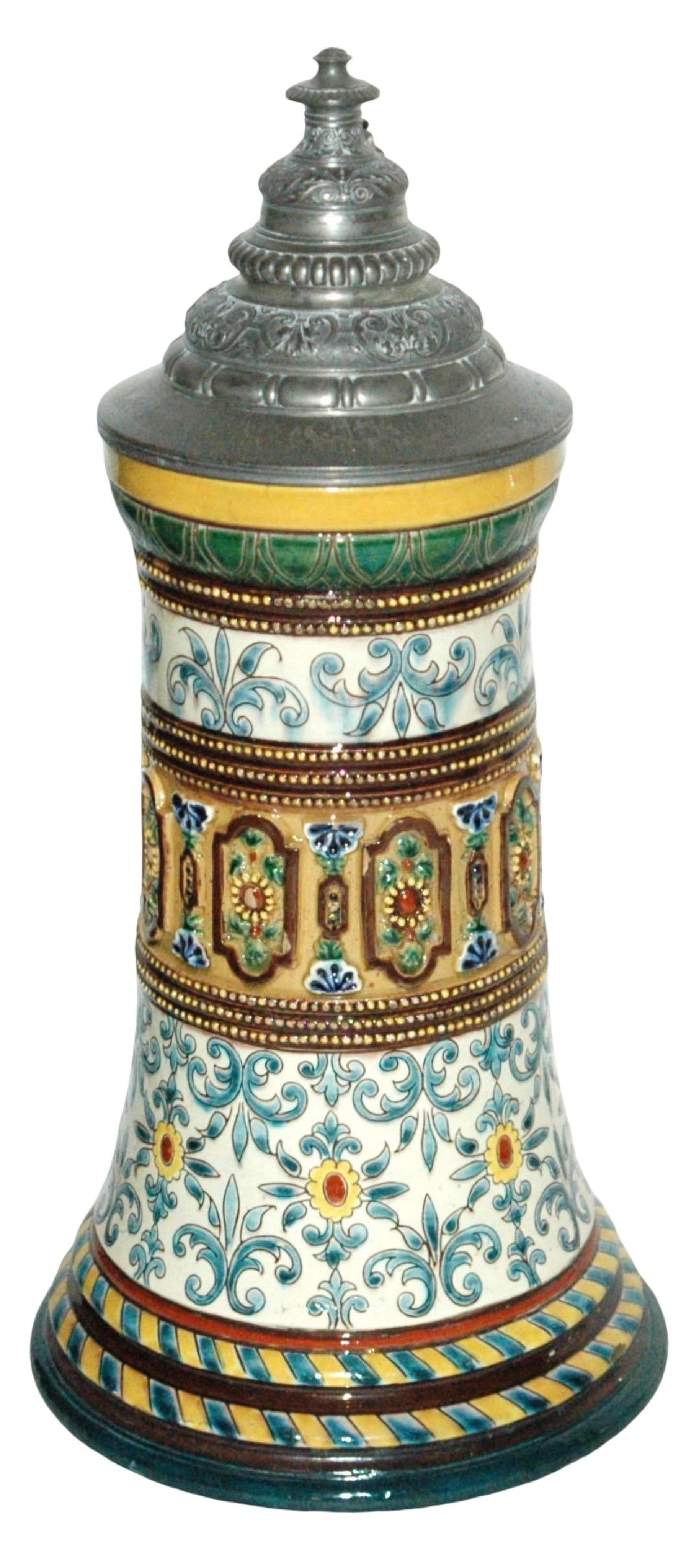 2L Majolica Floral Stein w Fancy Pewter Lid (1 of 4)